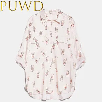 

PUWD 2020 Spring new women's cartoon mouse print pocket with Lapel shirt square collar long sleeve front short back long shirt