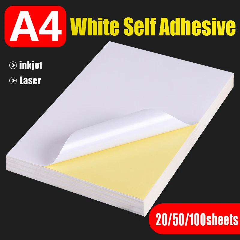 Etiqueta autoadhesiva blanca A4, hoja de papel de superficie brillante mate para impresora de inyección láser, fotocopiadora, papel artesanal, 20, 50 hojas