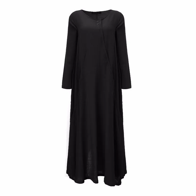 Винтажный Женский Повседневный Сарафан ZANZEA весеннее платье-рубашка с длинным рукавом макси Vestidos женское льняное платье на пуговицах больших размеров 5XL - Цвет: Черный