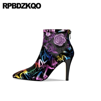 

designer shoes women luxury 2019 high heel embroidery floral print ankle purple pointed toe stiletto boots sexy booties 9 flower