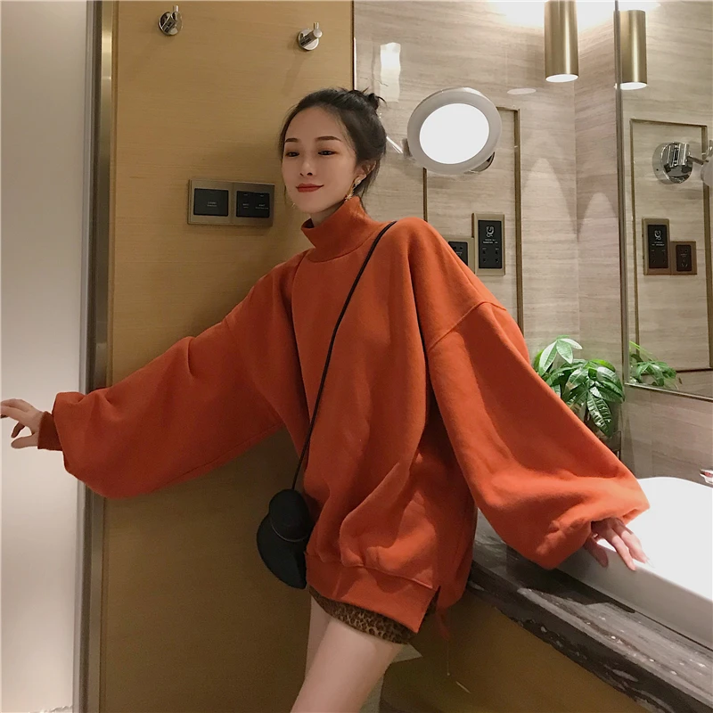 

2019 Korean Version Of The Autumn New Loose Women Lazy Bf Wind Long Section High Collar Solid Color Pullover Sweatshirt Jacket