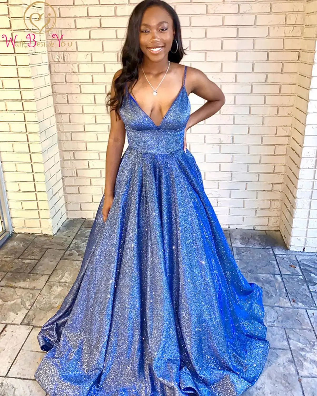 

Blue Evening Dresses Sparkle Bling 2020 Spaghetti Strap Sleeveless A Line V Neck Formal Prom Gowns Party for Women Elegant