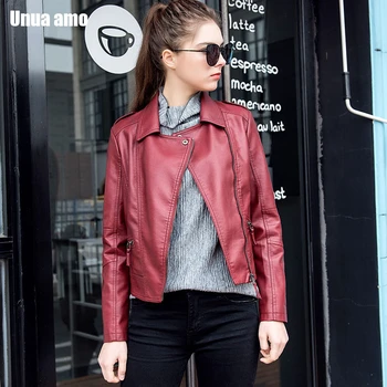 

Unua amo Women's Leather Jacket Short Slim Fashion Washed PU Coat Spring 2020 Black Faux Leather Moto Biker Zipper Jacket
