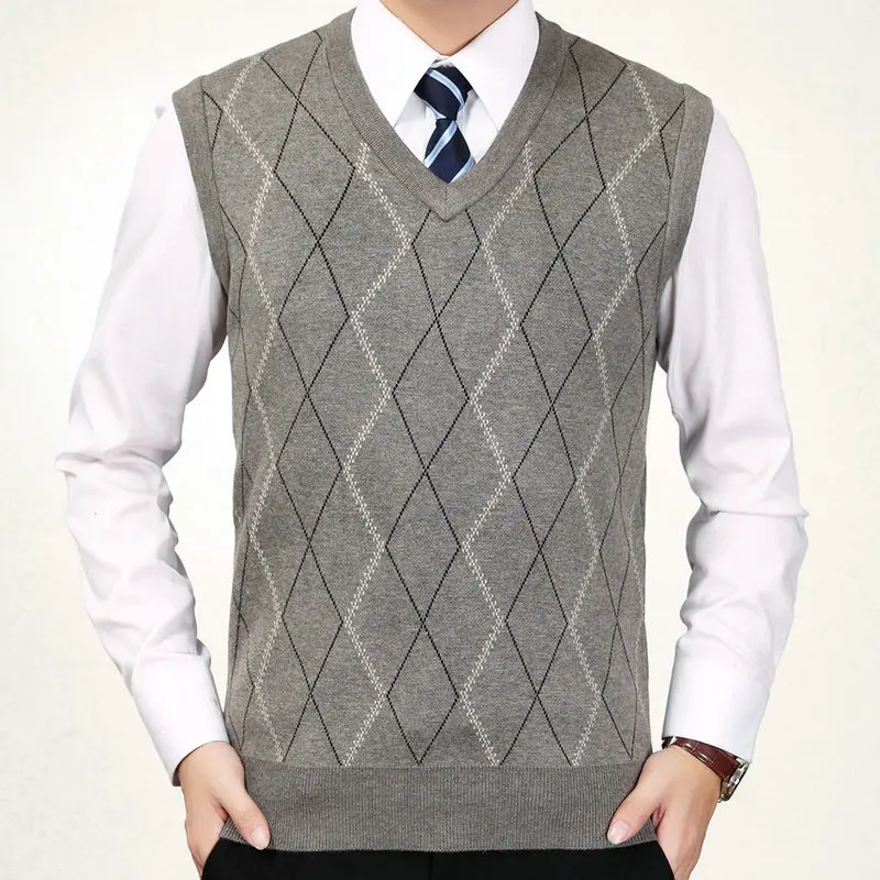 

Autumn Man Sweater Vest Smart Casual Gray Camel V-neck Wool Blend Textured KnitWaistcoat Male Plaid Sleeveless Soft Knitwear