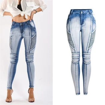 

European American locomotive Stretch Fashion Jeans Women Plus Size Middle Waist Splice Jeans Leggings Skinny Slim Pencil Pants
