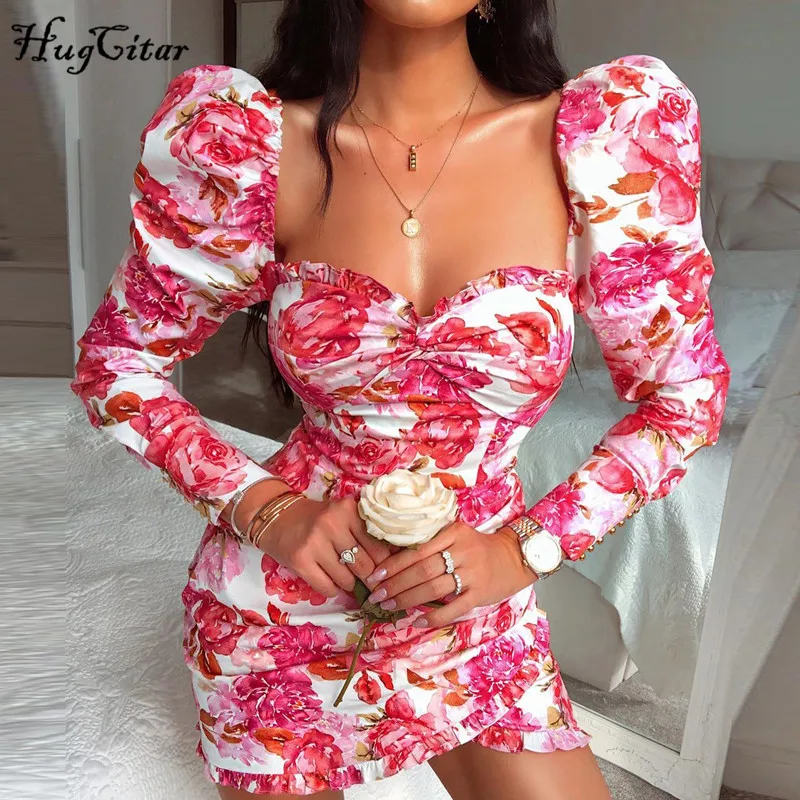 Hugcitar 2019 long sleeve floral print ruched ruffles mini dress autumn winter women party cute outfits streetwear|Dresses| - AliExpress