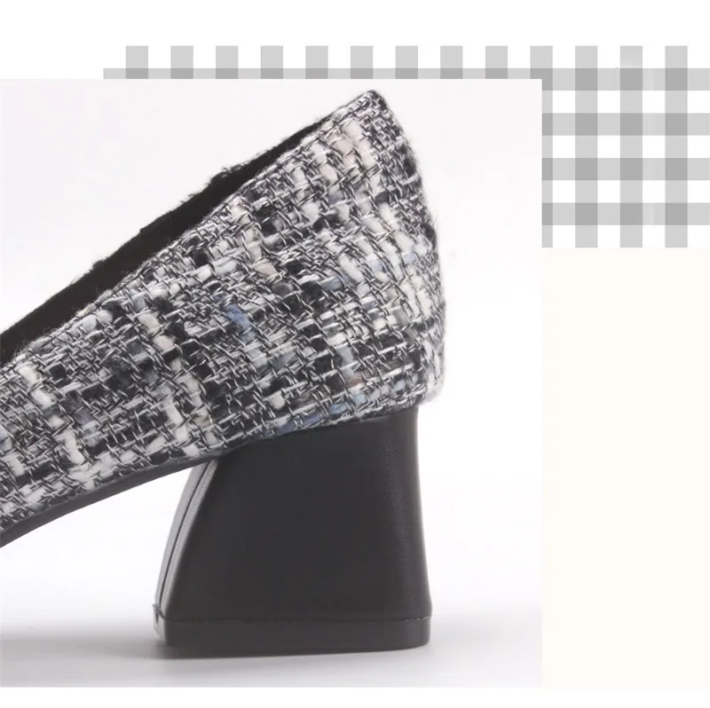 Korean Plaid Single High Heels Pumps Shoes Woman 2020 New Square Toe Thick Heels Women Pumps Fashion Bow High Heel Women's Shoes (15)