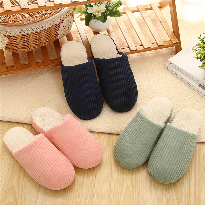 

2019 Winter Home Slippers Striped Soft Bottom Women's Slippers Couple Thick Bottom Non-slip Shoes Woman Female Fluffy Slippers