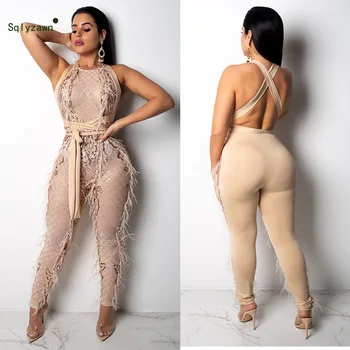 

Women Sexy Sequin Fur Feather Mesh Bodycon Long Jumpsuit Elegant Club Backless Bandage Belt See Through Embroidery Black Romper