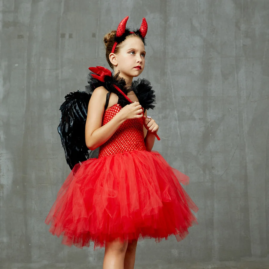 Wicked Red Devil Girls Tutu Dress Kids Halloween Cosplay Carnival Party Costume Handmade Tulle Children Fancy Satan Demon Dress (7)