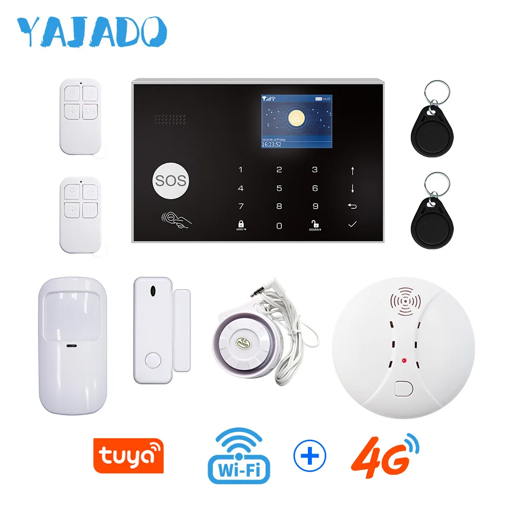 

YAJADO Tuya WiFi 4G 3G GSM Home Security Alarm System 433Mhz Wireless Burglar Alarm with Fire Smoke Detector APP Remote Control