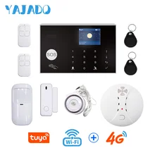 YAJADO Tuya WiFi 4G 3G GSM Home Security Alarm System 433Mhz Wireless Burglar Alarm with Fire Smoke Detector APP Remote Control
