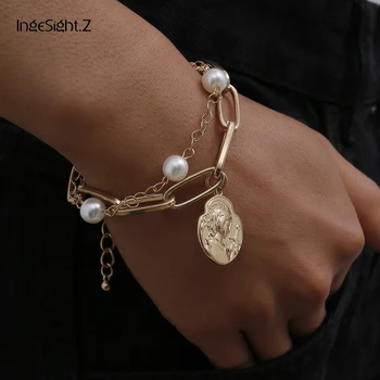 

IngeSight.Z Bohemian Imitation Pearl Bracelets Bangles Charm Portrait Carved Coin Pendant Bracelet Wrist Chain for Women Jewelry