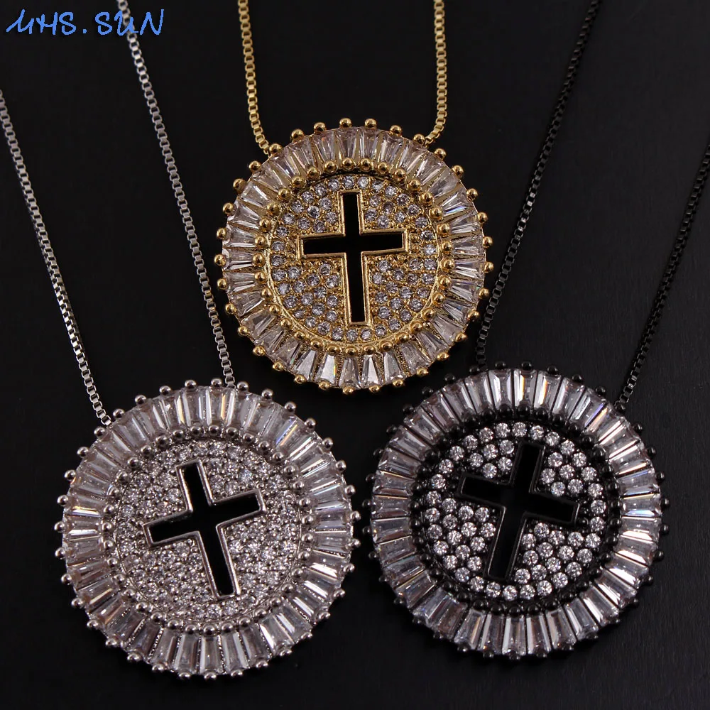 MHS.SUN Fashion Zircon Jewelry Round Cross Pendant Necklace AAA CZ Crystal Chain Religion Choker Party Gift 1PC | Украшения и
