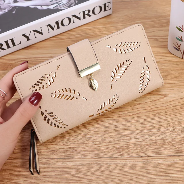 Women's Hollow Golden Leaf Buckle Wallet Female Long Zipper Coin Purses Ladies Multifunction Card Holder Clutch Money Bag Beige