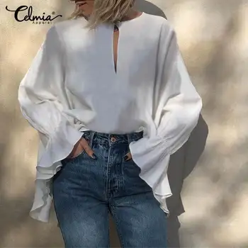 

Spring Women's Blouses 2020 Celmia Fashion Long Flare Sleeve Casual Ruffles Shirts Loose Solid Elegant OL Tops Plus Size Blusas