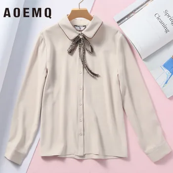 

AOEMQ Sweet Lolita Shirts Chiffon Thin Breathable Spring Blouse Peter Pan Collar Sprking Bow-knot Decorat Shirts Women Clothing