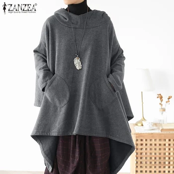 

ZANZEA Autumn Women Sweatshirt Casual Hoodies Long Sleeve Pullover 2020 Fashion Hooded Blusas Loose Solid Asymmetrical Top Femme