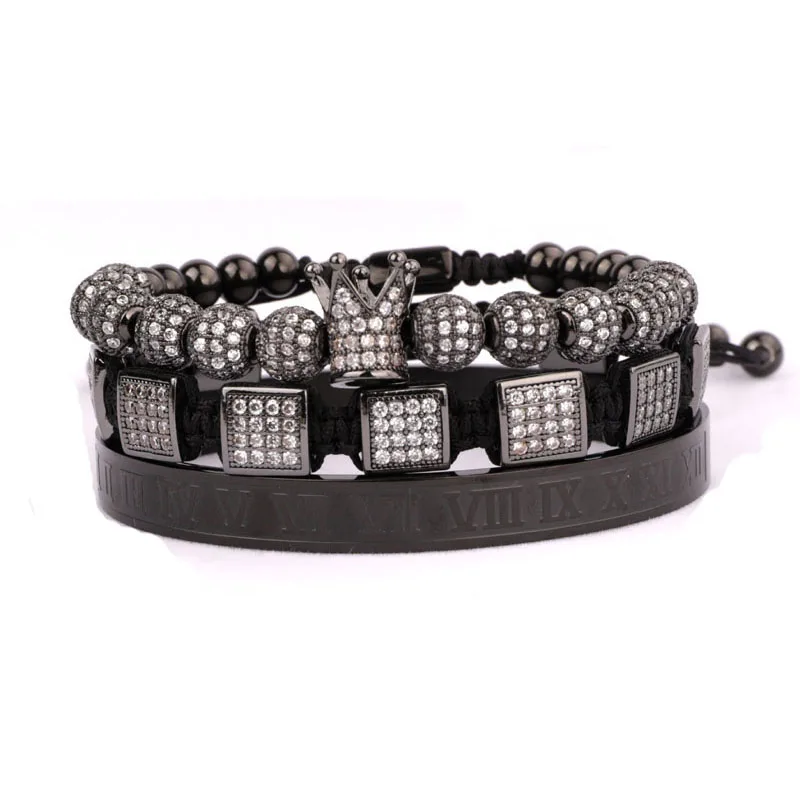 High Quality Luxury CZ Micro Pave Crown Square Charm Braided Stainless Steel Beads Bangle Bracelet Set Men Jewelry - Image 4