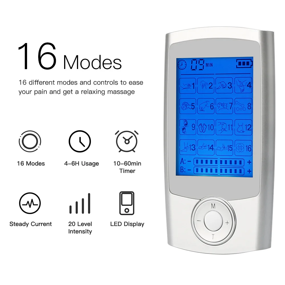 Rechargeable 16 Modes Electronic Pulse Massager EMS TENS Unit Muscle Stimulator Pain Relief Therapy with 12pcs Electrode Pads