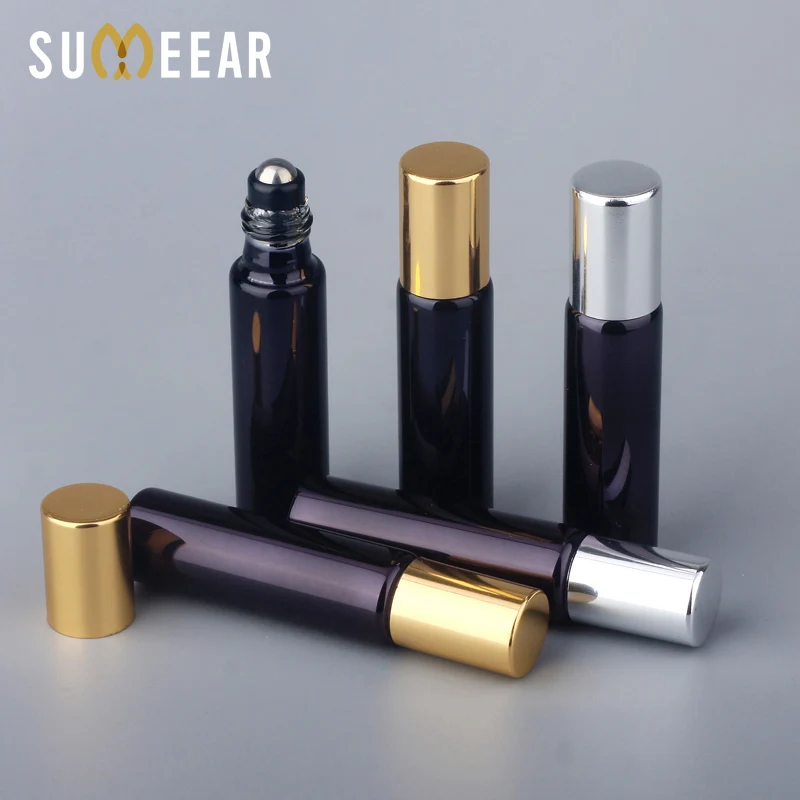 100PCS/Lot 10ml Essential Oil Bottles Refillable Black UV Glass Perfume Bottle With Metal Roll On Empty Essential Oil For Travel