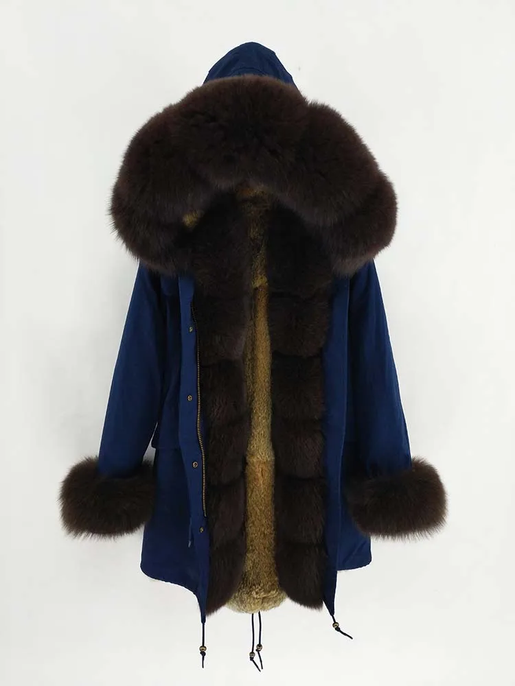 Новое зимнее женское черное длинное пальто с синим серебряным лисьим меховым воротником серый кролик меховой вкладыш теплое плотное пальто - Цвет: 26