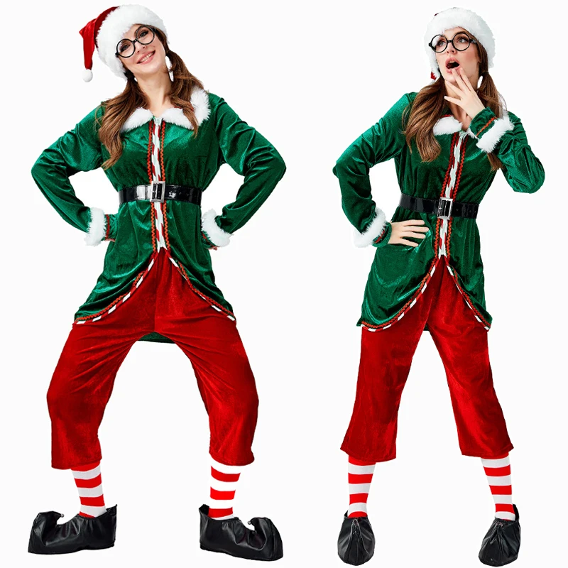 

Deluxe Women Green Christmas Elf Costume Cosplay Halloween Costume For Adult Carnival Party Suit