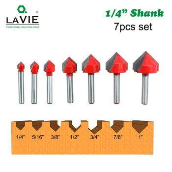 

LAVIE 7pcs 6.35mm 1/4 inch Shank 90 Degree V Type Router Bit Edge Forming Bevel Woodworking Milling Cutter for Wood Bits MC01121