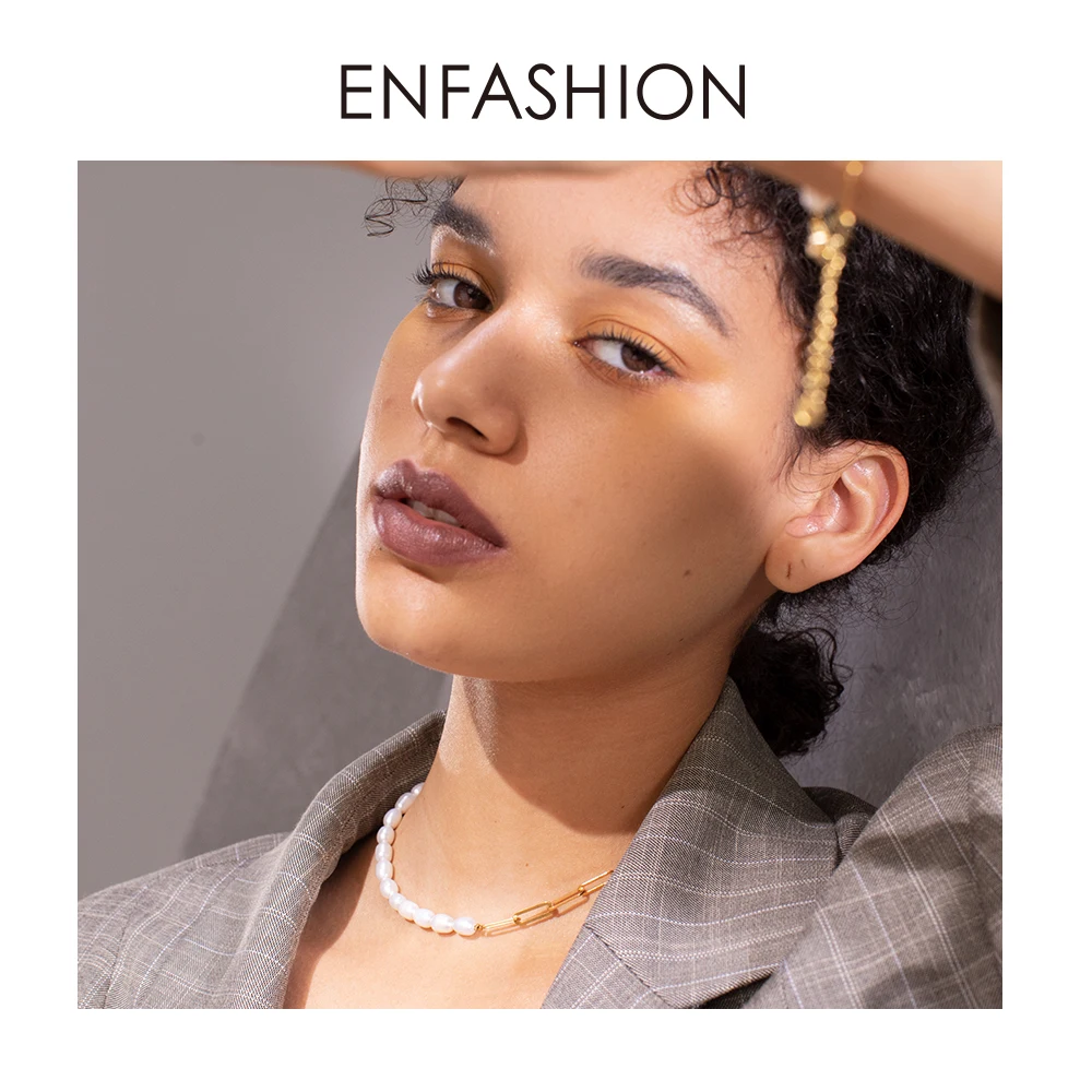 ENFASHION Natural Pearl Link Chain Choker Necklace Women Gold Color Stainless Steel Lady Necklace Fashion Femme Jewelry P193051
