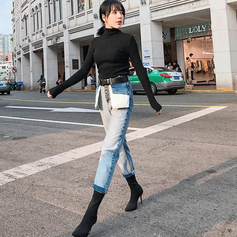 2020 New Vintage High Waist Straight Jeans Pant for Women Streetwear Loose Female Denim Button Zipper Ladies Plaid Trousers L264 | Женская