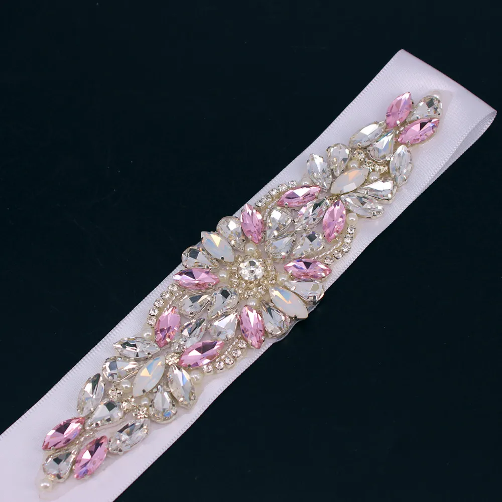 Pink Rhinestone Bridal Waist Belt Pearls Satin Ribbon Trim Applique Wedding Dress Gown Accessories