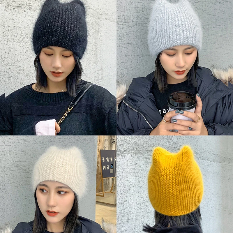 New Winter Warm lovely  Knitted Hats for Women Casual Soft Warm Angola Rabbit Fur Beanie hats for glris lady Bonnet Gorros 4