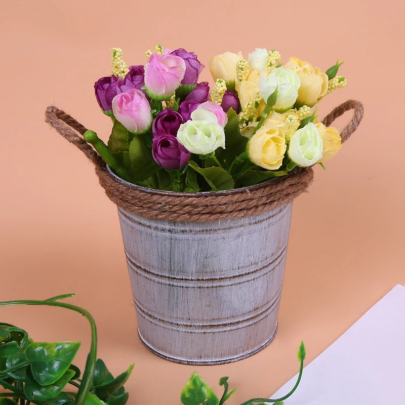 Retro Style Gray Iron Sheet Vase Flowerpot Bucket Home Garden Flower Pot Decor