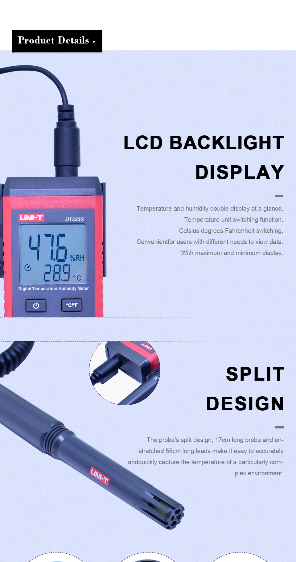 UNI-T UT333S UT363S UT383S Split type Temperature Humidity Meter Anemometer Wind Speed Meter Light Meter Luxmeter