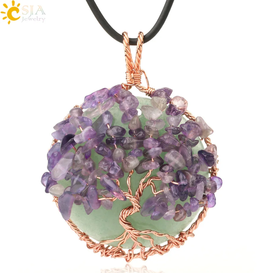 Natural Cabochon Stone Tree of Life Pendant Rose Gold Color Wire Wrap Chip Bead Wisdom Tree Healing Necklace