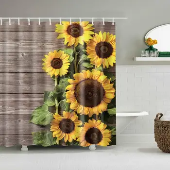 

Waterproof Thicken Golden Sunflowers Grey Wooden Board Polyester Mildew Proof Bath Tub Shower Curtain with 12 pcs Hooks