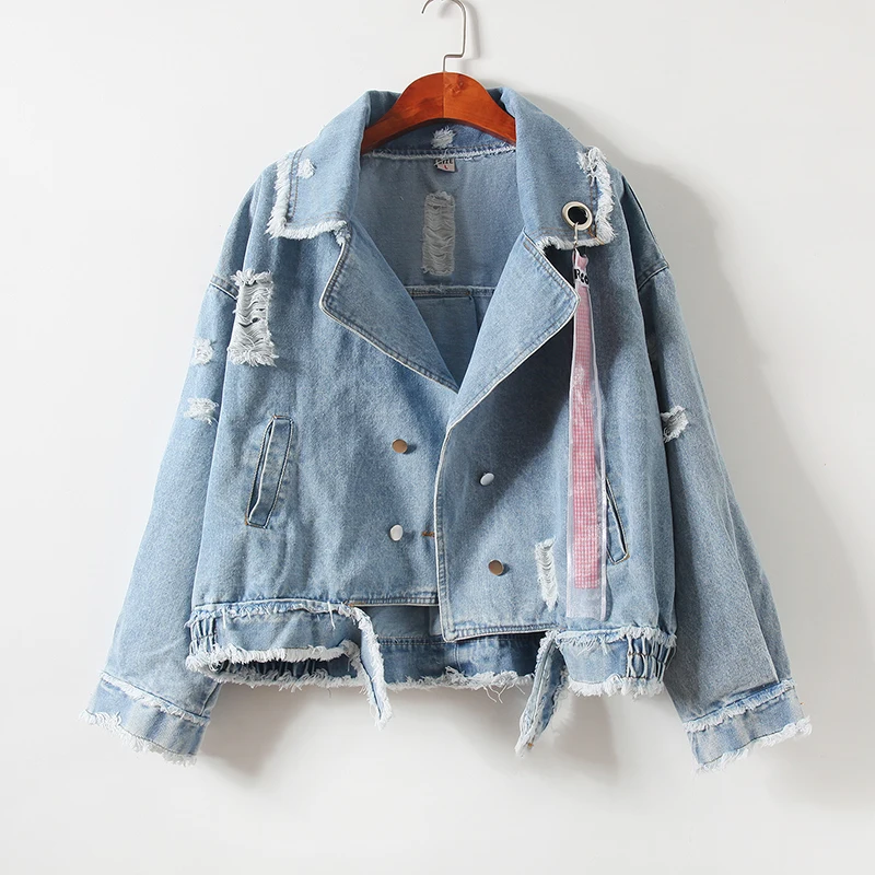 Blue Синий BF негабаритных Harajuku джинсовые куртки для женщин Весна уличная рваные винтажные Свободные женские джинсы пальто Верхняя одежда - Цвет: Blue