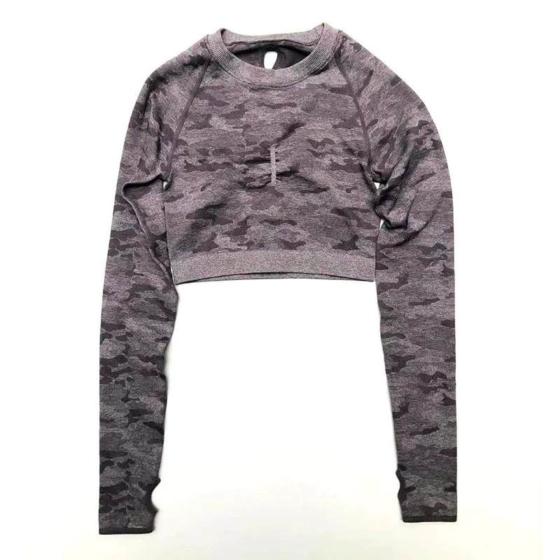 purple Женский Камуфляжный бесшовный укороченный топ, бесшовный топ с длинным рукавом, спортивная одежда для женщин, футболка для спортзала или йоги, укороченный топ для тренировок - Цвет: purple