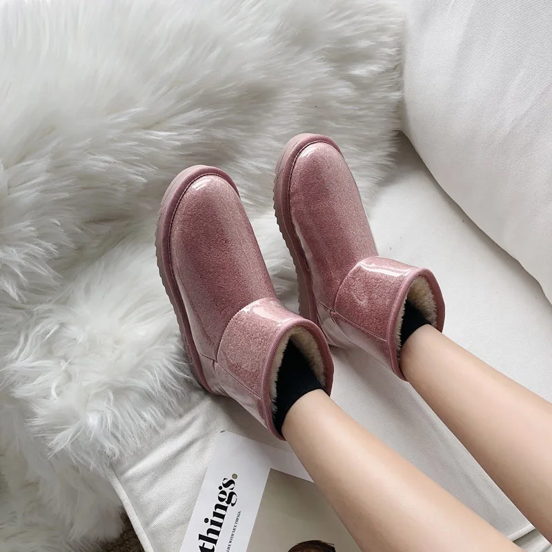 Women's Shoes 2020 Winter Boots Plush Keep Warm Flat Shoes PU Leatherwear Non-slip Sole Snow Boots Female Women Shoes Waterproof