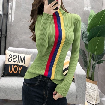 

#3810 Spring Spliced Color Tight Sweater Women High Neck Knitwear Tops Basic Sweater Slim Casual Womens Sweaters Thin Knitted