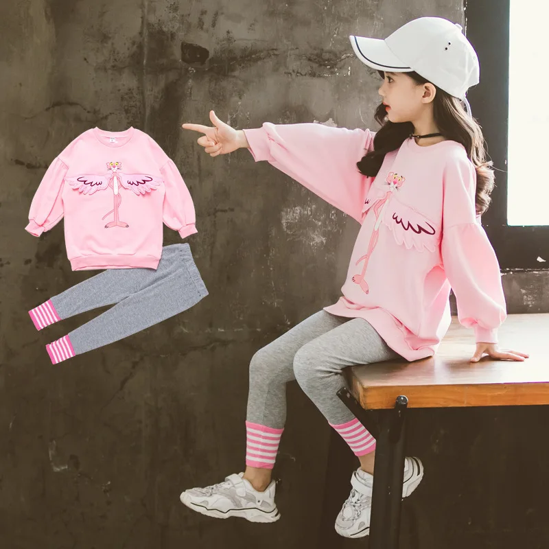

CHILDREN'S Sweater Sports Two-Piece Autumn Clothing 2020 New Style Western Style Middle And Large Girls Pink Panther CHILDREN'S