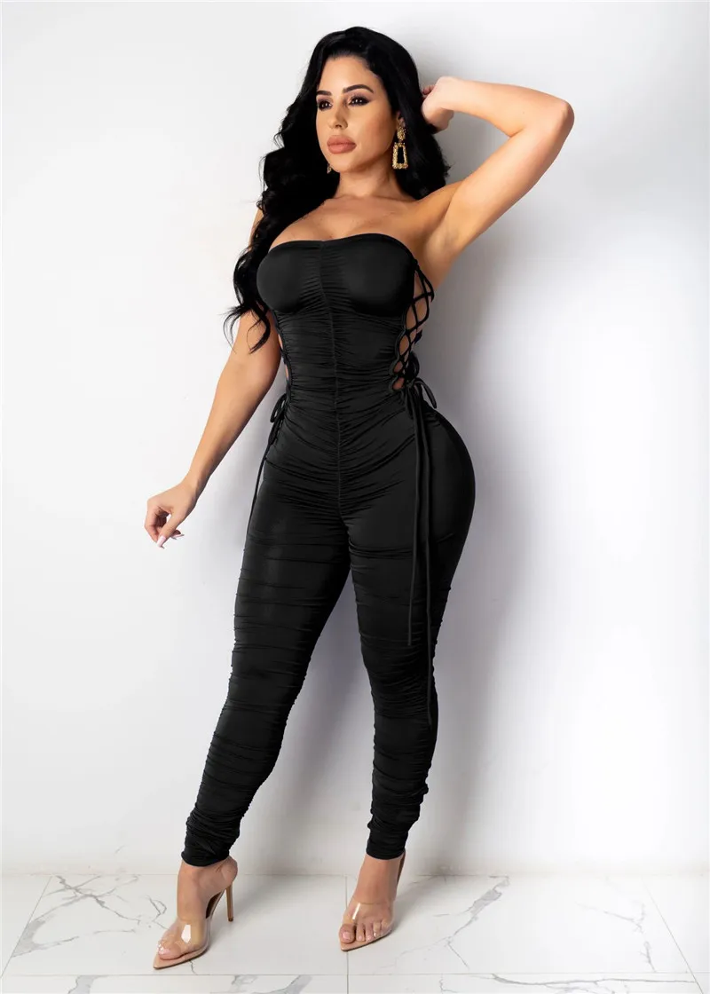 

Jumpsuit Women Wrap Off Shoulder Sleeveless Romper Adults Sexy Solid Color Side Cutout Lace Up Ruched Bodycon Jumpsuit Clubwear