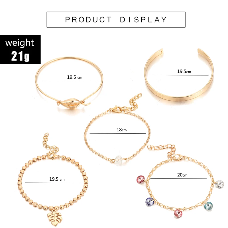 Docona Boho Золотой корпус лист цветной кристаллический кулон браслет набор для женщин Открытый регулируемый браслет 5 шт./1 комплект 8467