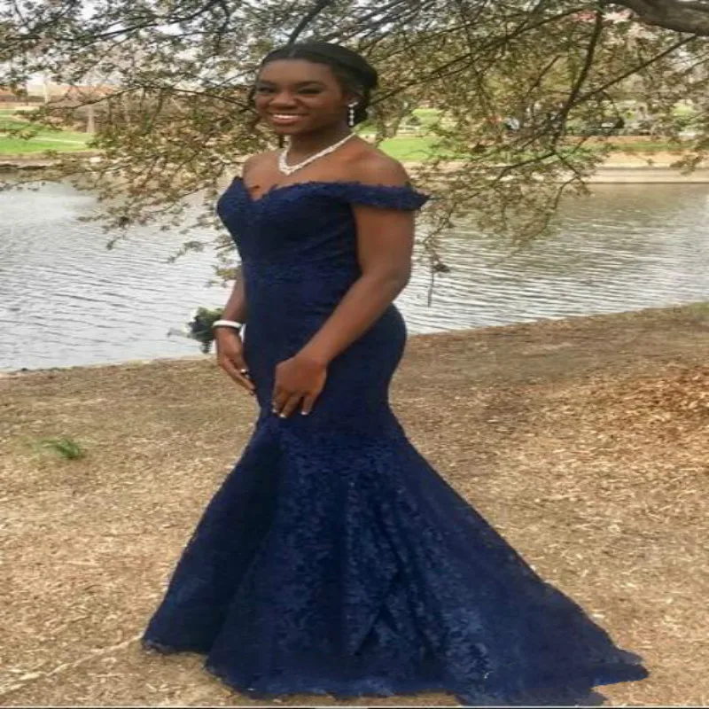 

Affordable Navy Blue Mermaid Lace Evening Dress African Plus Size Prom Dresses Off Shoulder Formal Party Gown vestido longo 2019