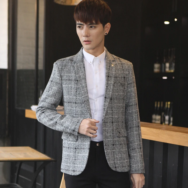 Весна и осень мужской костюм Корейская версия тонкой куртки повседневная модная мужская куртка плед серый хаки