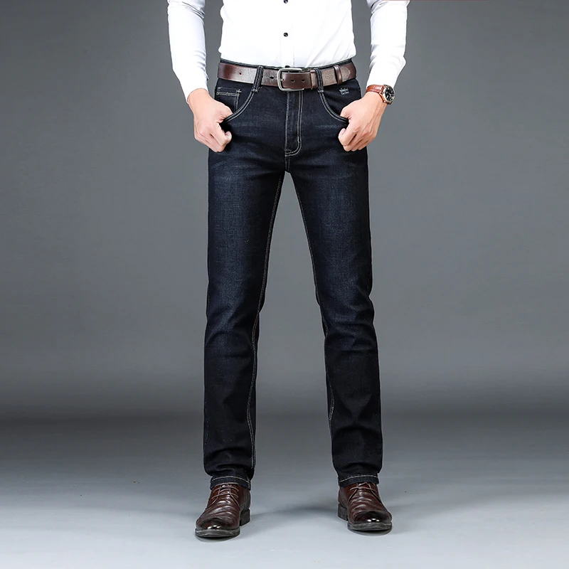 Отборные мужские Стрейчевые деловые повседневные мешковатые джинсы со средней талией, осенние высококачественные прочные прямые джинсы