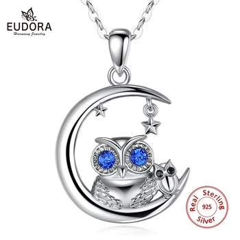 

Eudora 925 Sterling Silver moon star Pendant Necklace wise owl Pendant with blue Crystal fine Jewelry for women party gift D585