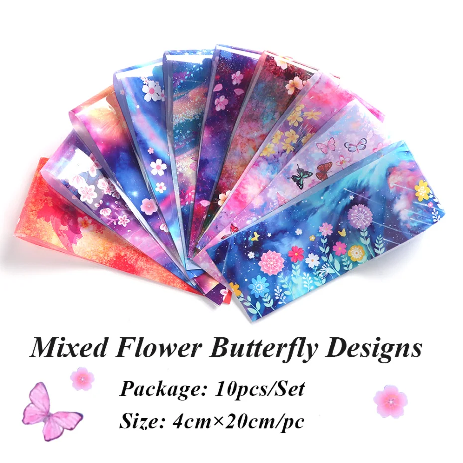 10 шт бабочка цветок для ногтей Переводные фольга звездное небо полное обертывание наклейки для ногтей наклейки для украшения DIY маникюрные инструменты LAXK123