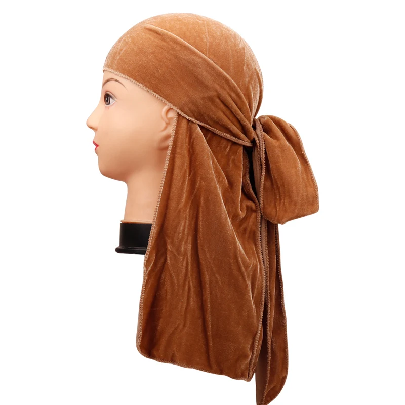tan Velvet Hats For Women Do Doo Du Rag Long Tail Turban Headwrap Cap Biker Pirate Bandana Head Cover Outside Fashion Men Hats - Цвет: tan
