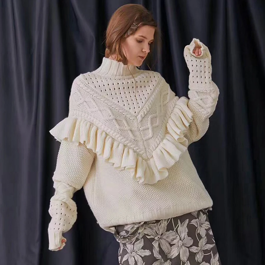 

KIYUMI Urban Gypsy Sweater Women Ruffles Oversize Winter Warm Sweater For Woman 2019 Thick Turtleneck Long Sleeve Beige Sweaters